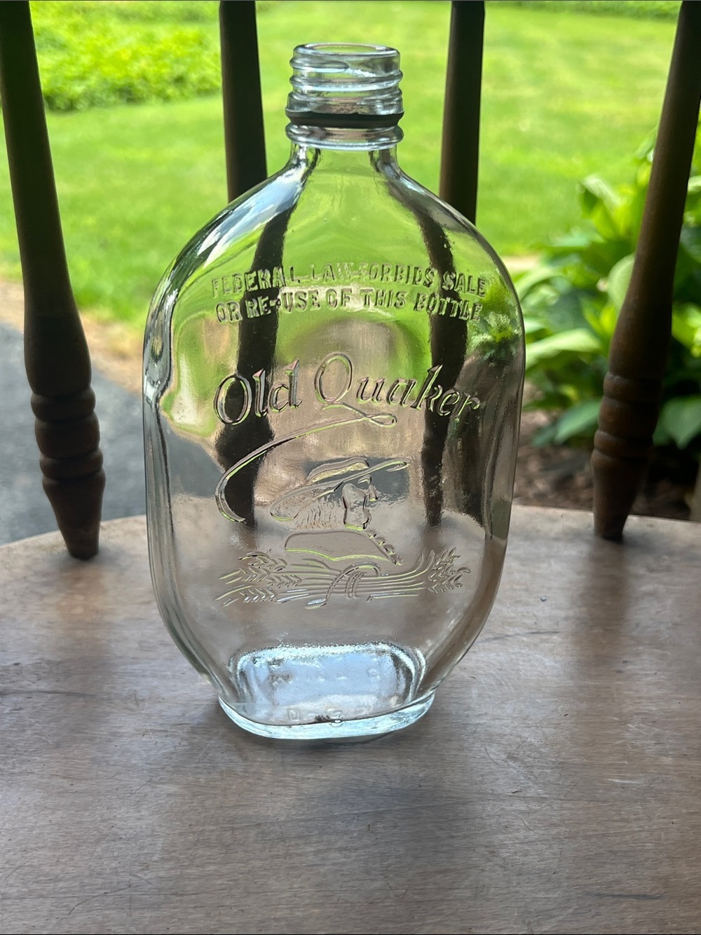 Vintage Quaker Whiskey Embossed Clear Glass Flask Bottle - Collectible